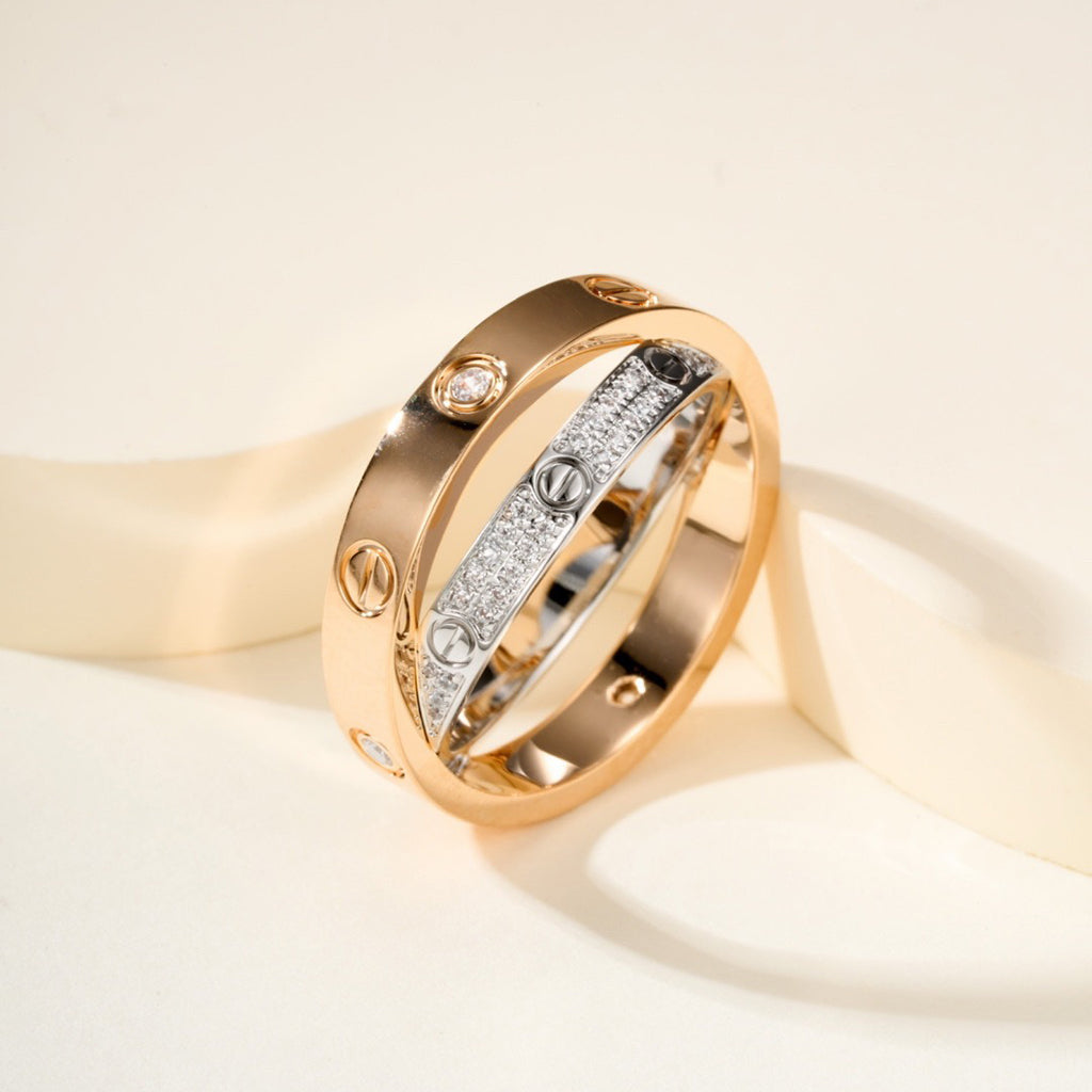 [AuraEcho]LOVE PINK GOLD SILVER DIAMOND DOUBLE RING