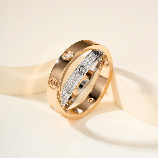 [AuraEcho]LOVE PINK GOLD SILVER DIAMOND DOUBLE RING