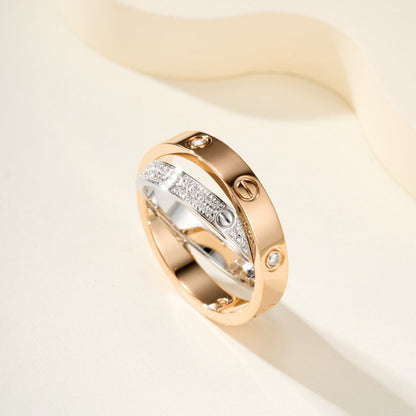 [AuraEcho]LOVE PINK GOLD SILVER DIAMOND DOUBLE RING