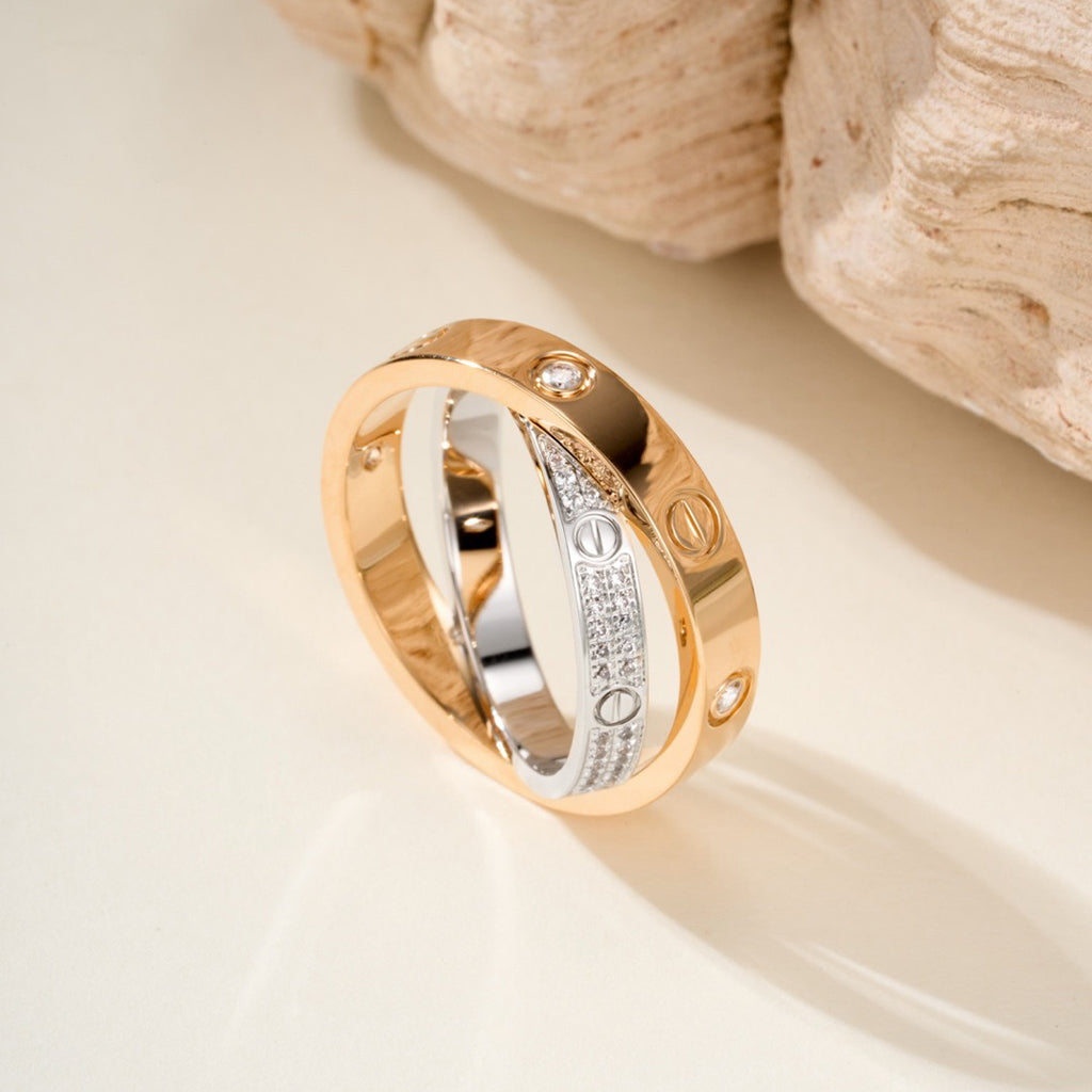 [AuraEcho]LOVE PINK GOLD SILVER DIAMOND DOUBLE RING