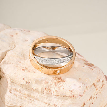 [AuraEcho]LOVE PINK GOLD SILVER DIAMOND DOUBLE RING
