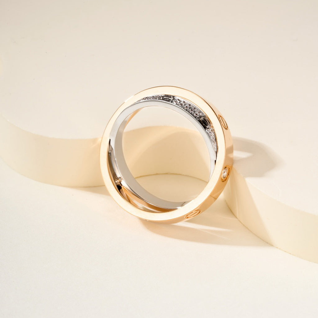 [AuraEcho]LOVE PINK GOLD SILVER DIAMOND DOUBLE RING