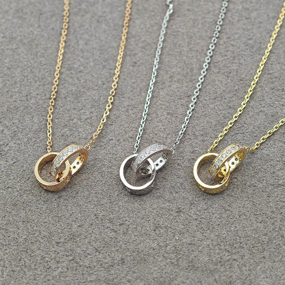 [AuraEcho]LOVE DOUBLE RING HALF DIAMOND NECKLACE